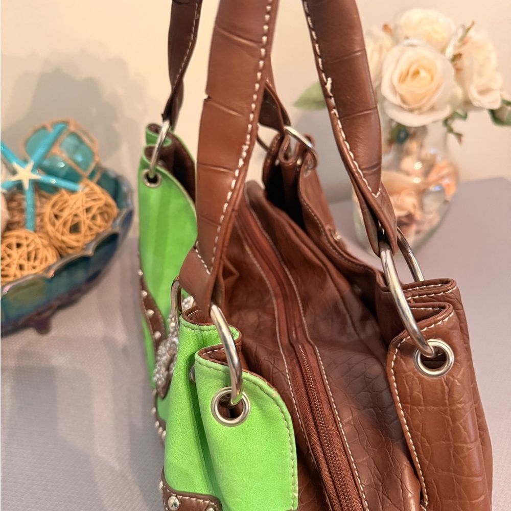 Fleur-De-Lis Brown & Lime Green Women's Handbag - Picture 8 of 12